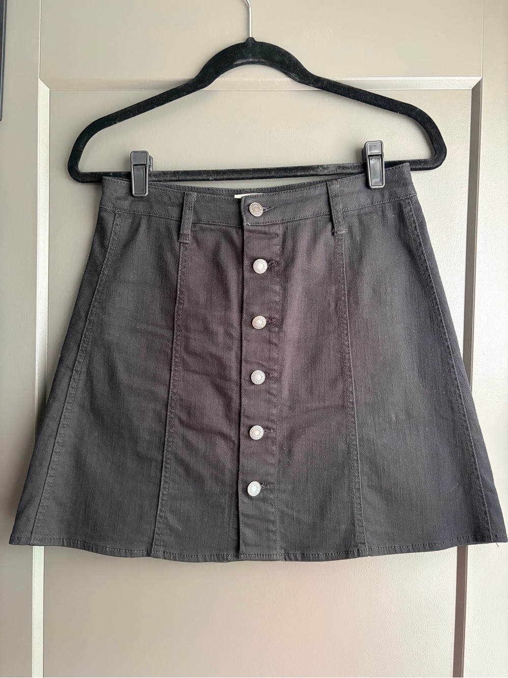 Black Denim Button-Front Mini Skirt